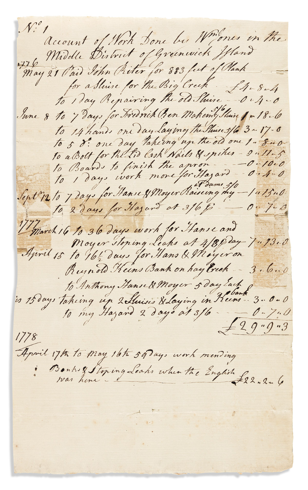 (AMERICAN REVOLUTION--1778.) Bill for maintenance on Philadelphias wetlands when the English was here.